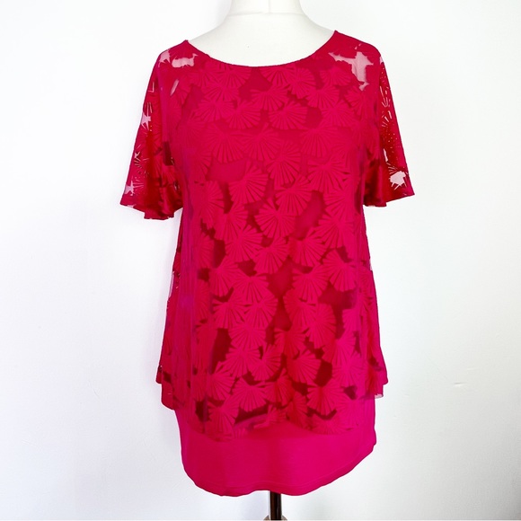 Phase Eight Tops - Phase Eight Bright Pink Layered Floral Short Sleeve Floaty Top UK Size 12